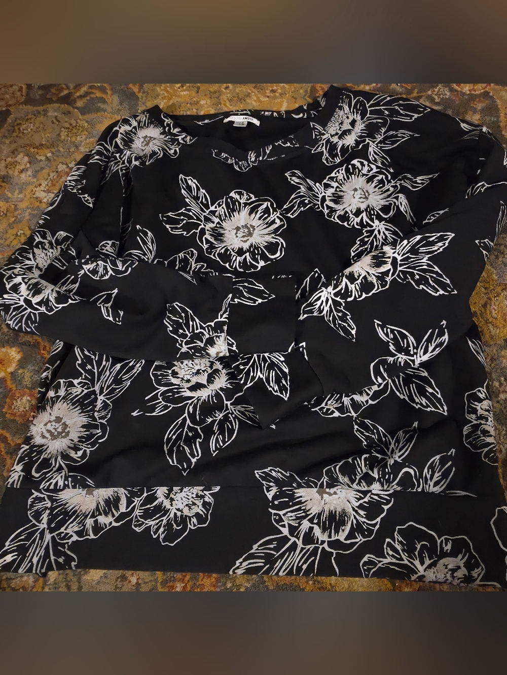 Amuse Society Black Long Sleeve Floral Tee with White Pink Flower Print